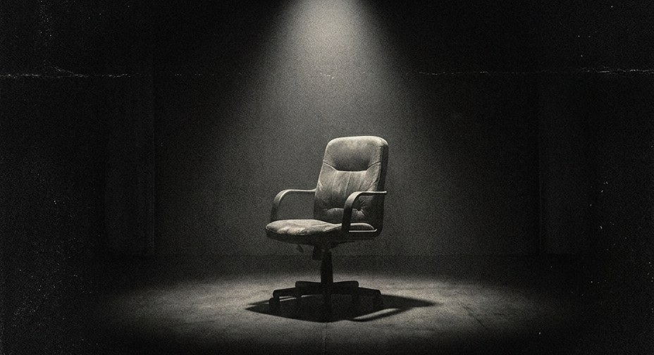 An empty office chair under a single spotlight